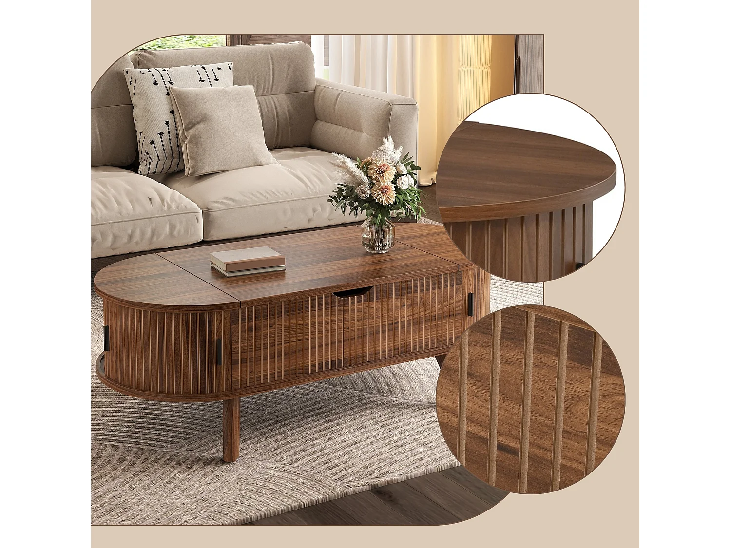 Table basse ovale relevable avec rangement et 2 portes coulissantes