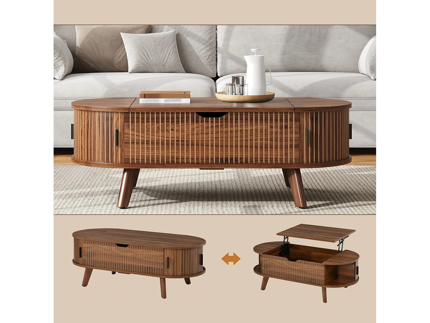 Table basse ovale relevable avec rangement et 2 portes coulissantes