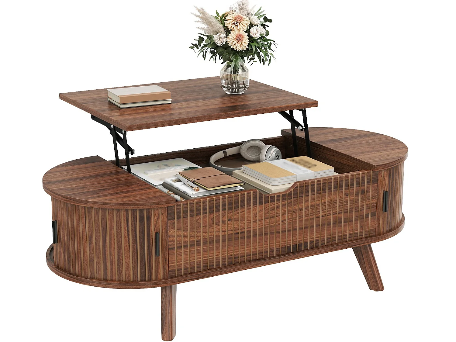 Table basse ovale relevable avec rangement et 2 portes coulissantes