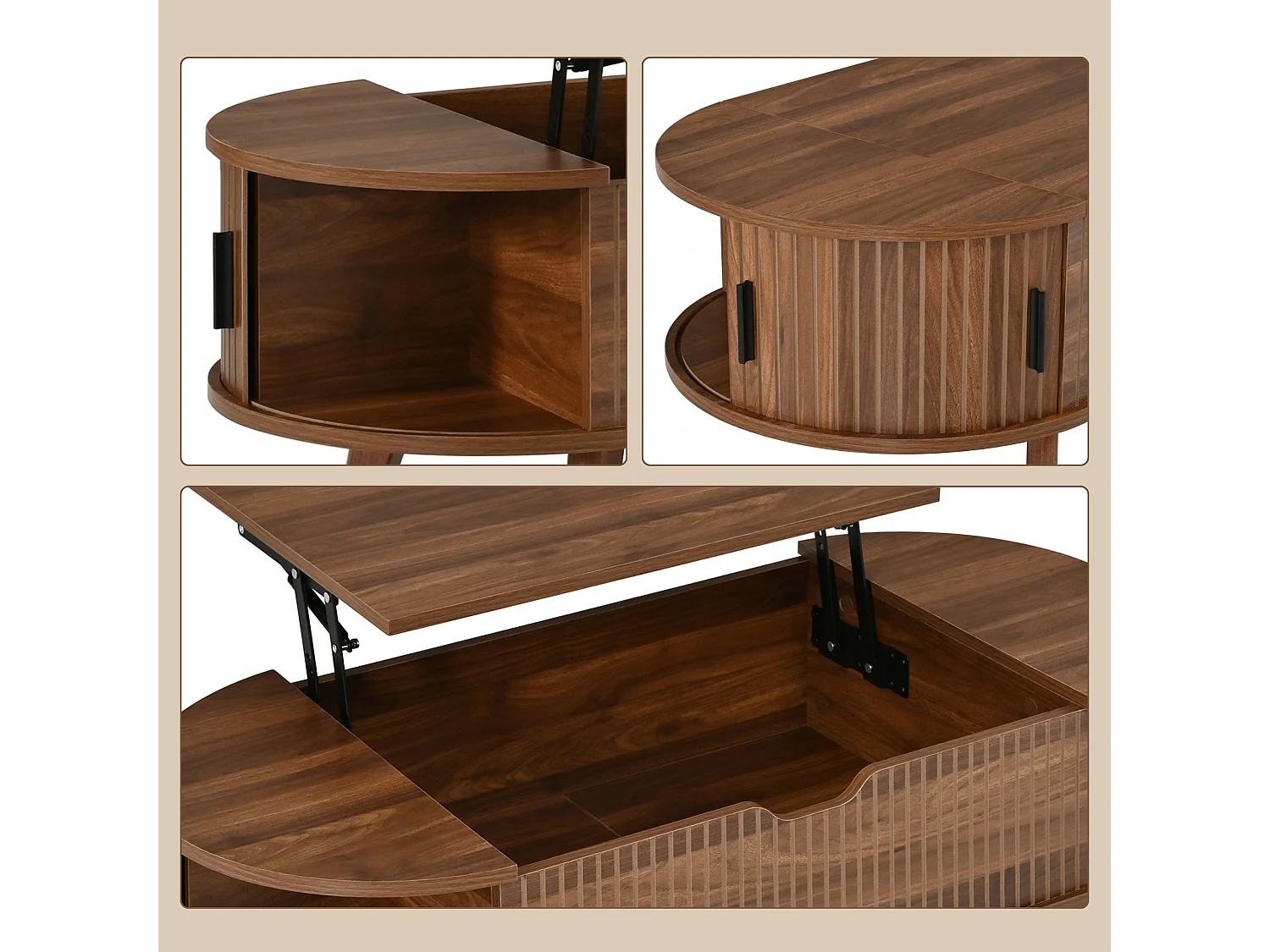 Table basse ovale relevable avec rangement et 2 portes coulissantes