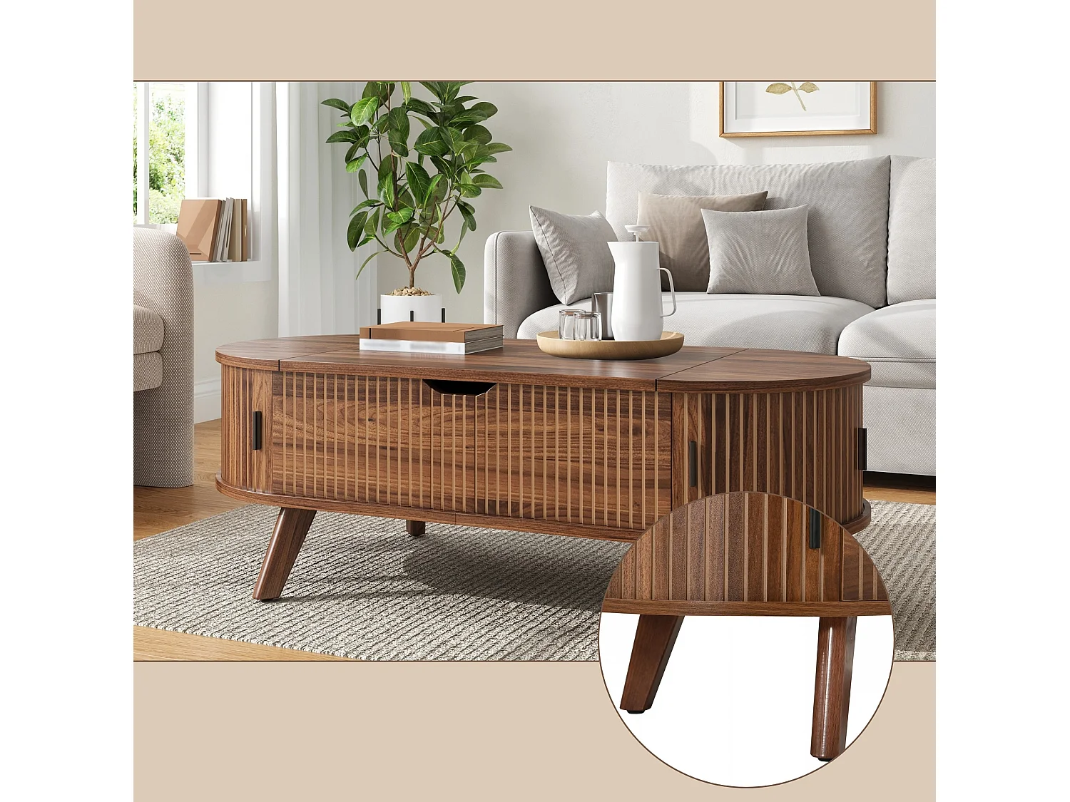 Table basse ovale relevable avec rangement et 2 portes coulissantes