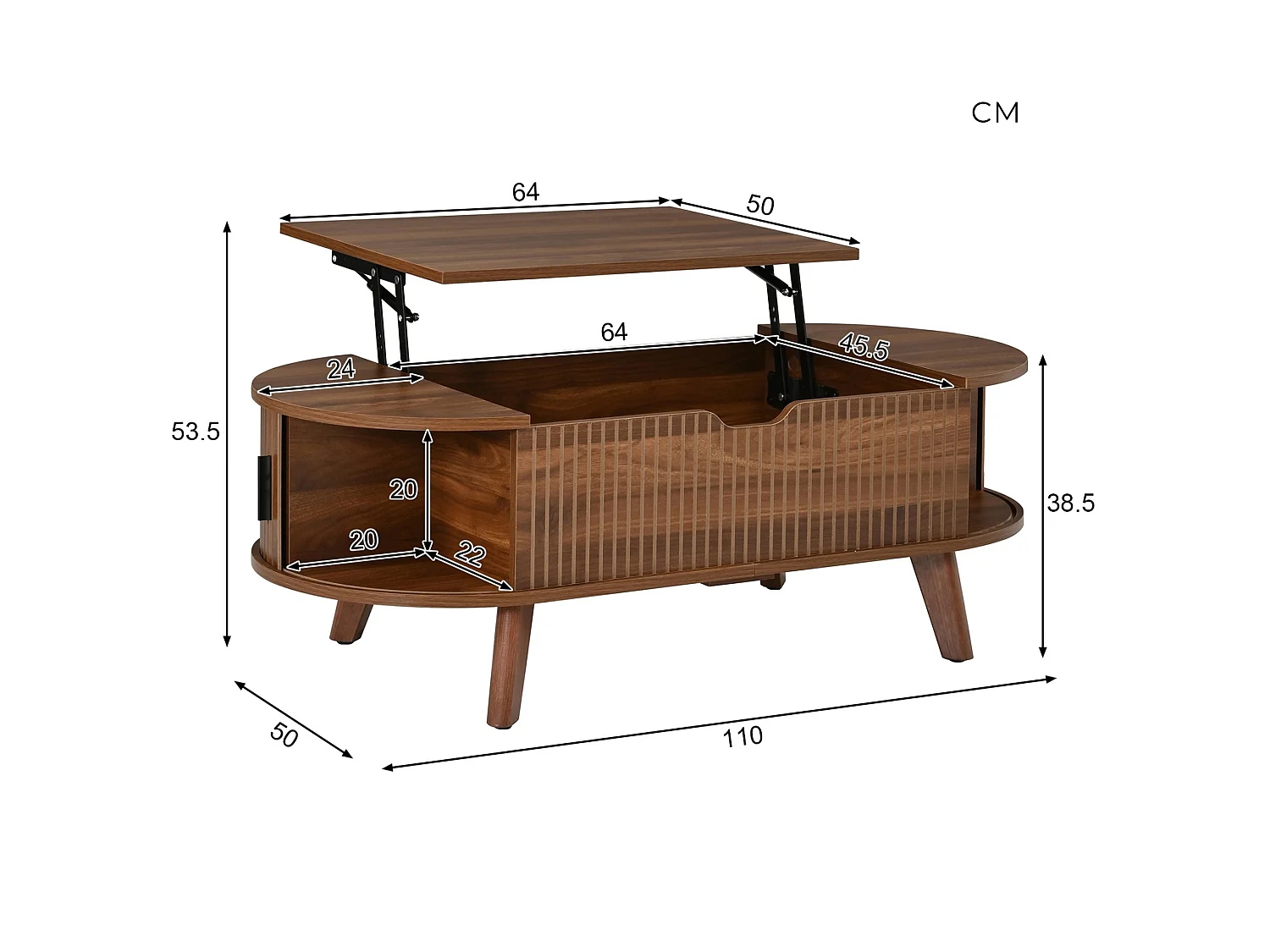 Table basse ovale relevable avec rangement et 2 portes coulissantes