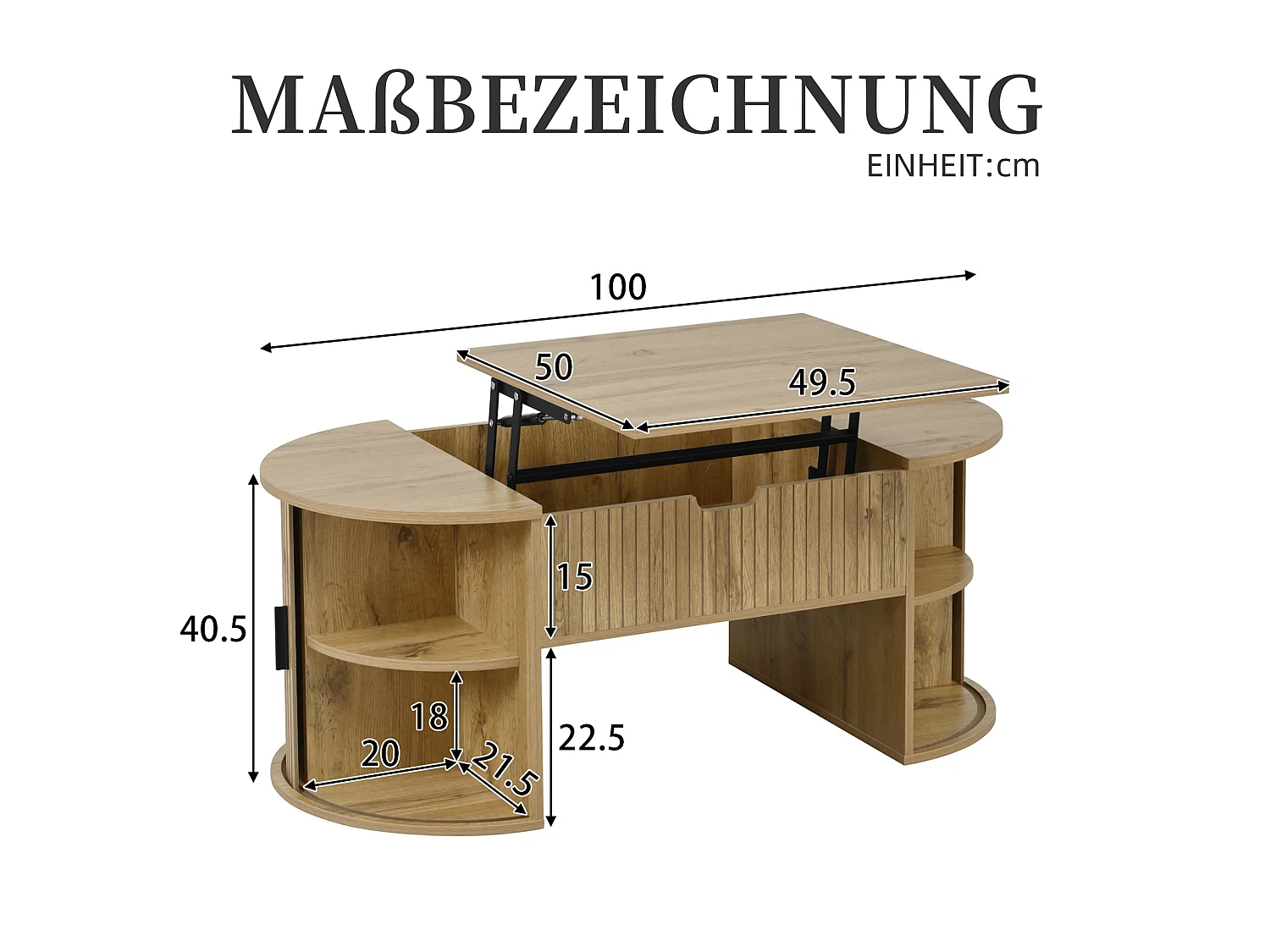 Couchtisch mit anhebbbarer Tischplatte, verborgenem Stauraum und seitlichen Schiebetüren