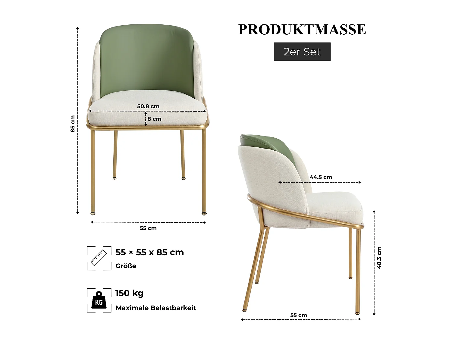 Lot de 2 chaises de salle à manger avec assise en lin et dossier en similicuir