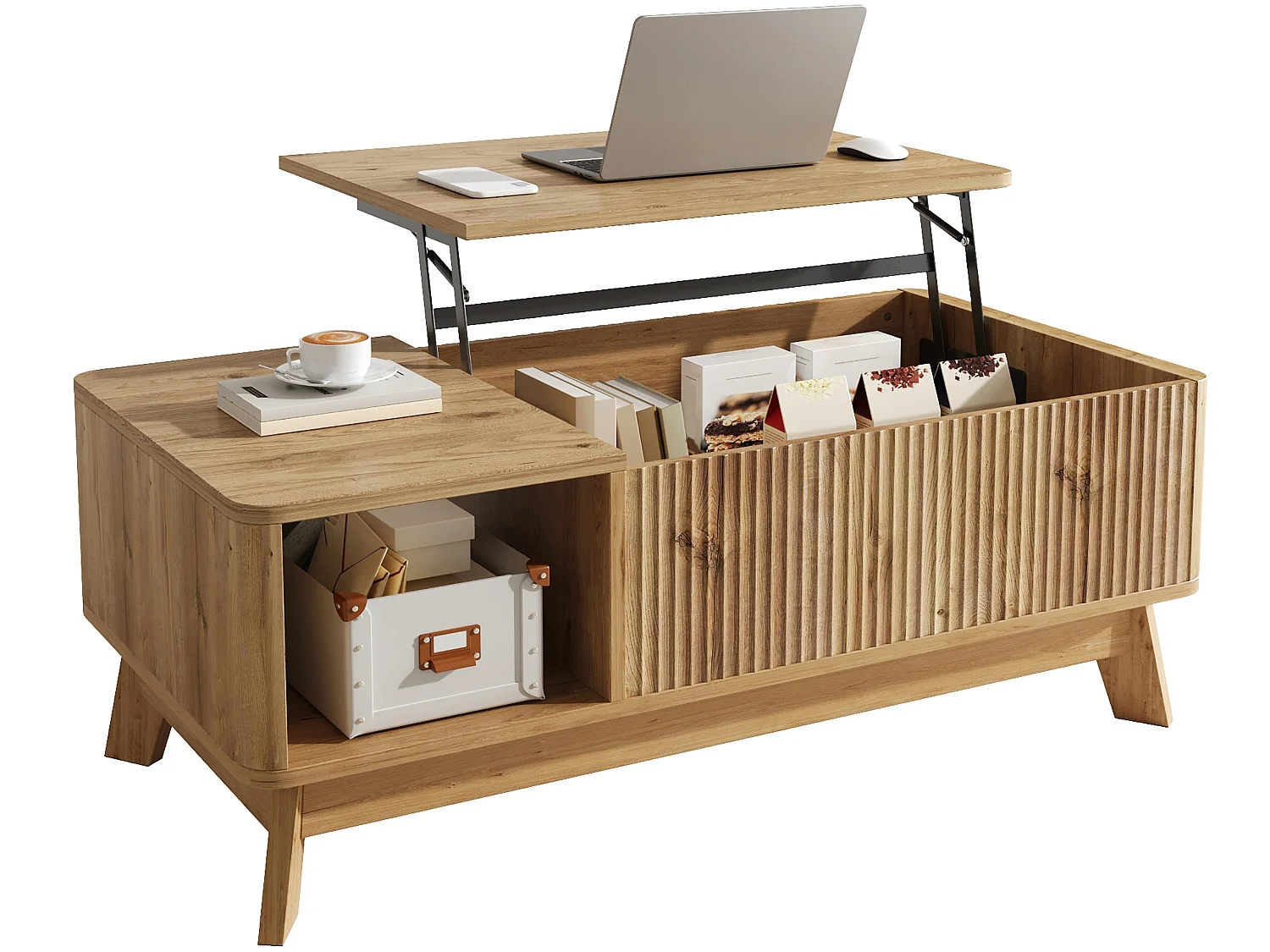 Couchtisch mit Liftfunktion bis 50 cm, verborgenem Stauraum und offenem Fach