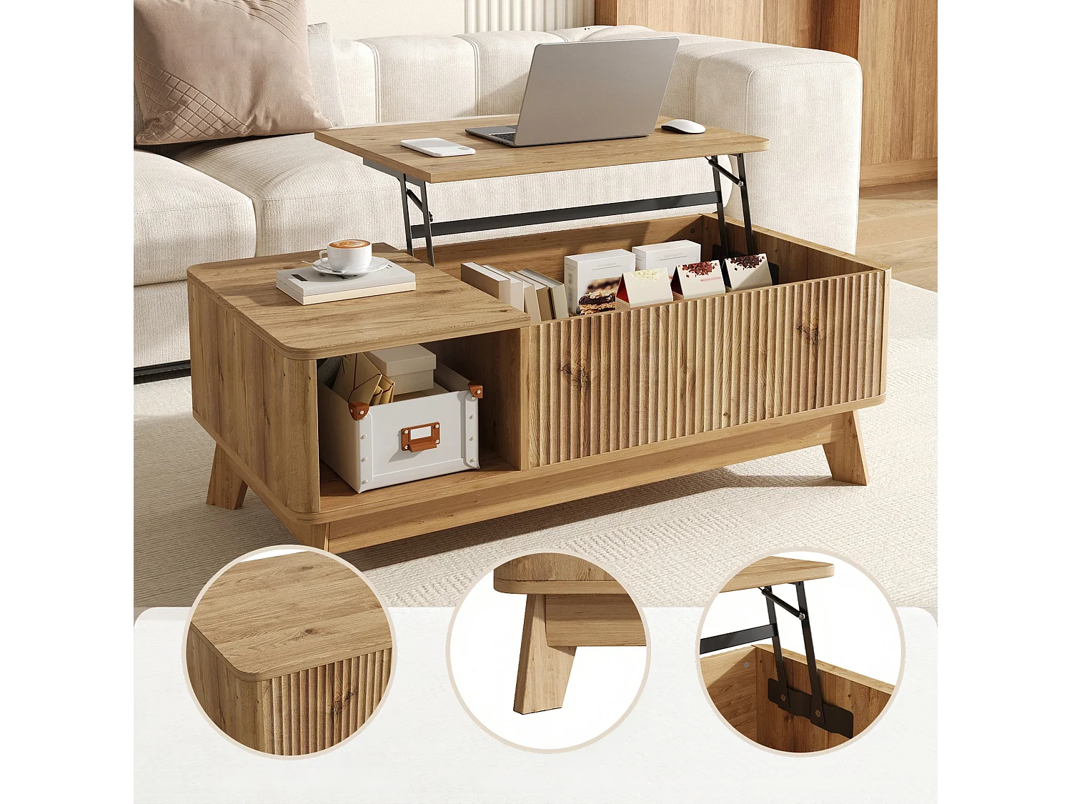 Couchtisch mit Liftfunktion bis 50 cm, verborgenem Stauraum und offenem Fach