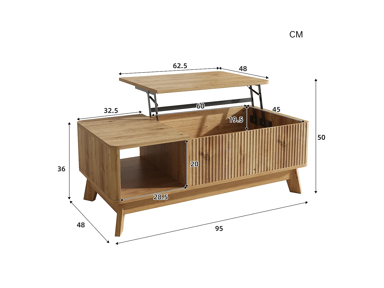 Couchtisch mit Liftfunktion bis 50 cm, verborgenem Stauraum und offenem Fach