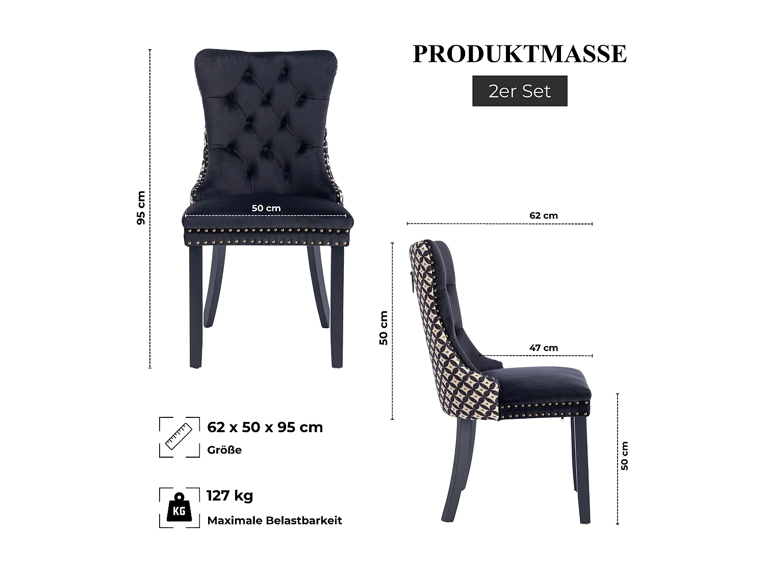 Hochlehner Samt Esszimmerstühle mit Knopfheftung und Massivholz, 2er Set