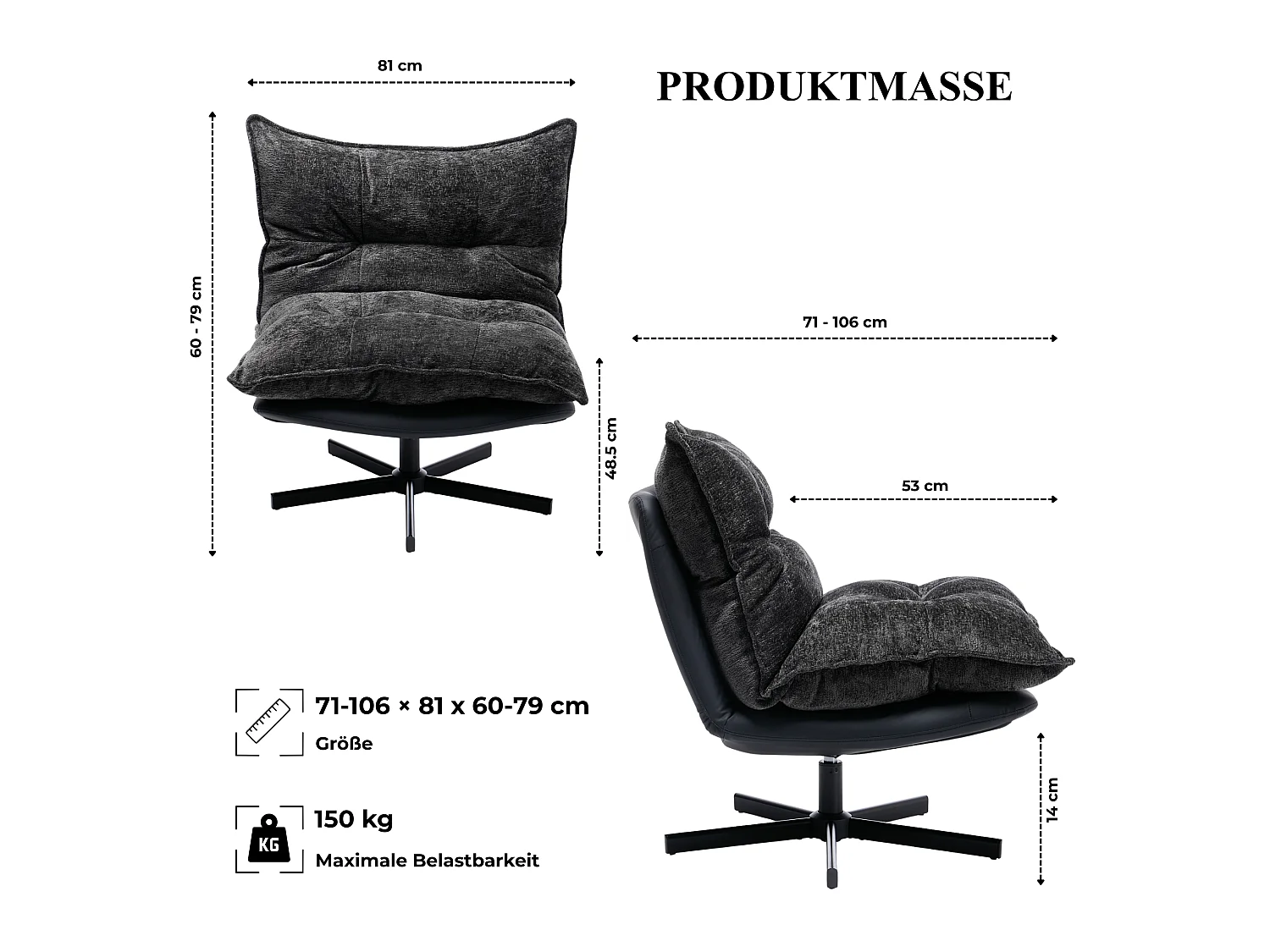 360° draaibare fauteuil van chenille met rugleuning in 3 standen