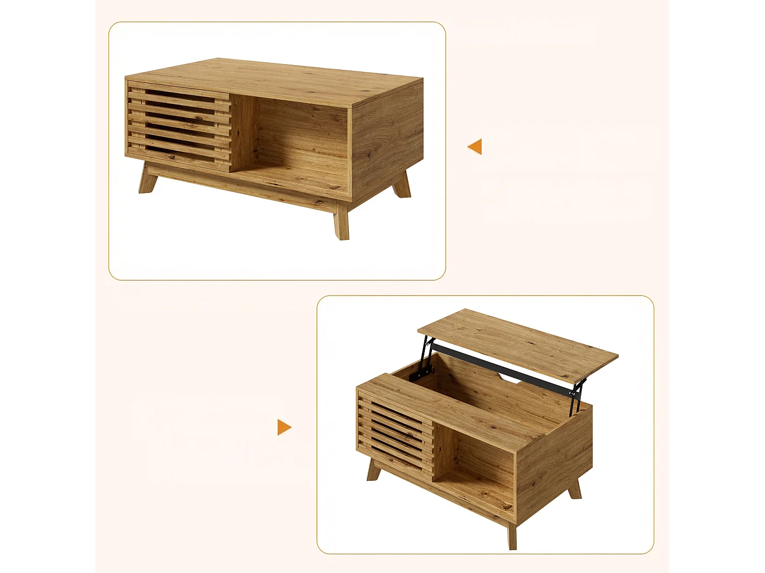 Couchtisch mit Liftfunktion bis 57.5 cm, Stauraum und Lamellen Schiebetür