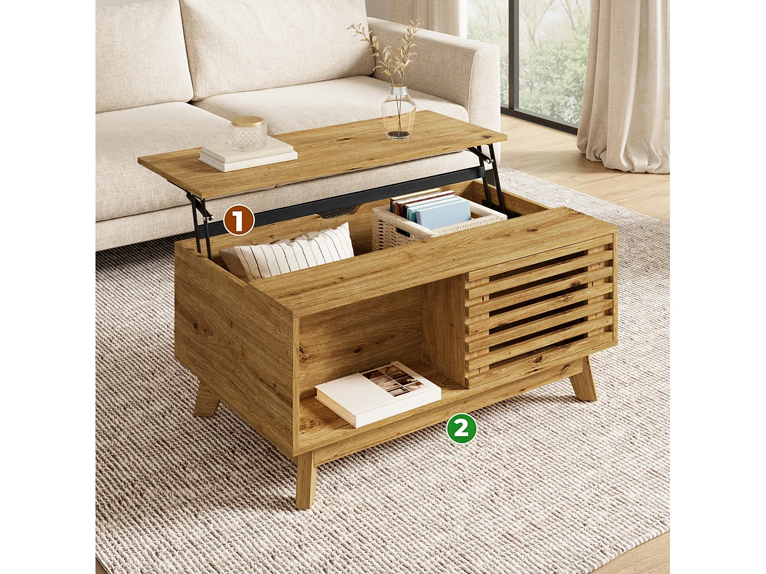 Couchtisch mit Liftfunktion bis 57.5 cm, Stauraum und Lamellen Schiebetür