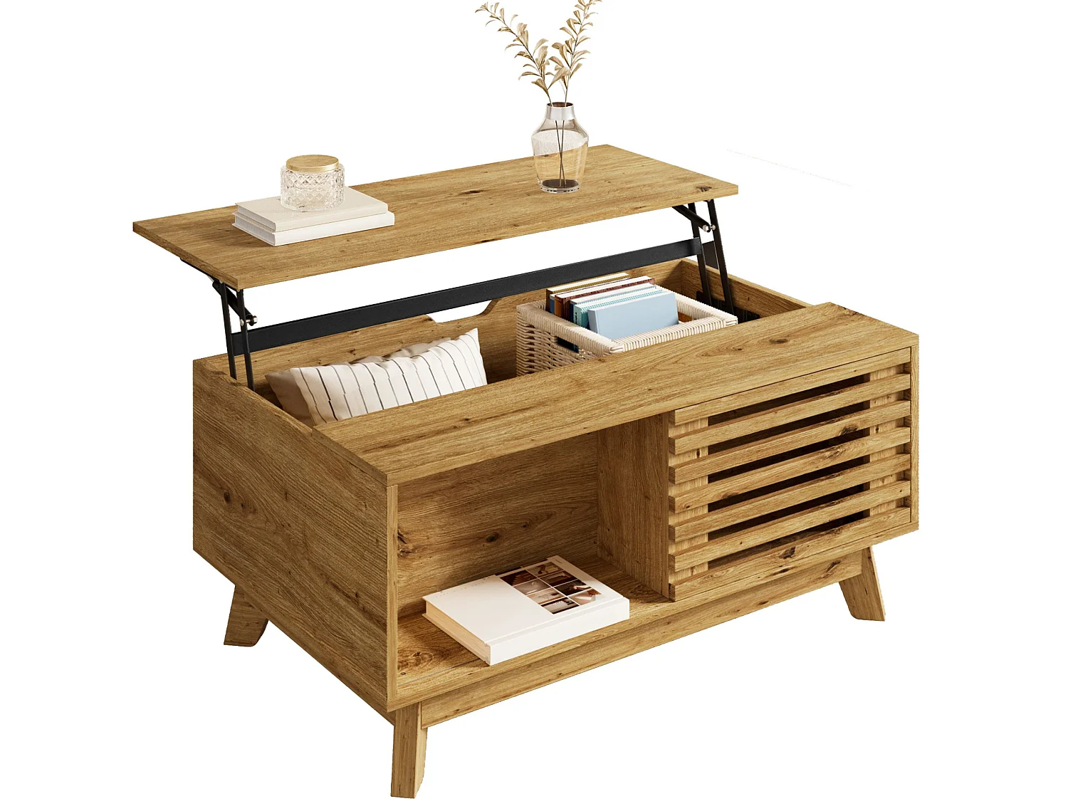 Couchtisch mit Liftfunktion bis 57.5 cm, Stauraum und Lamellen Schiebetür