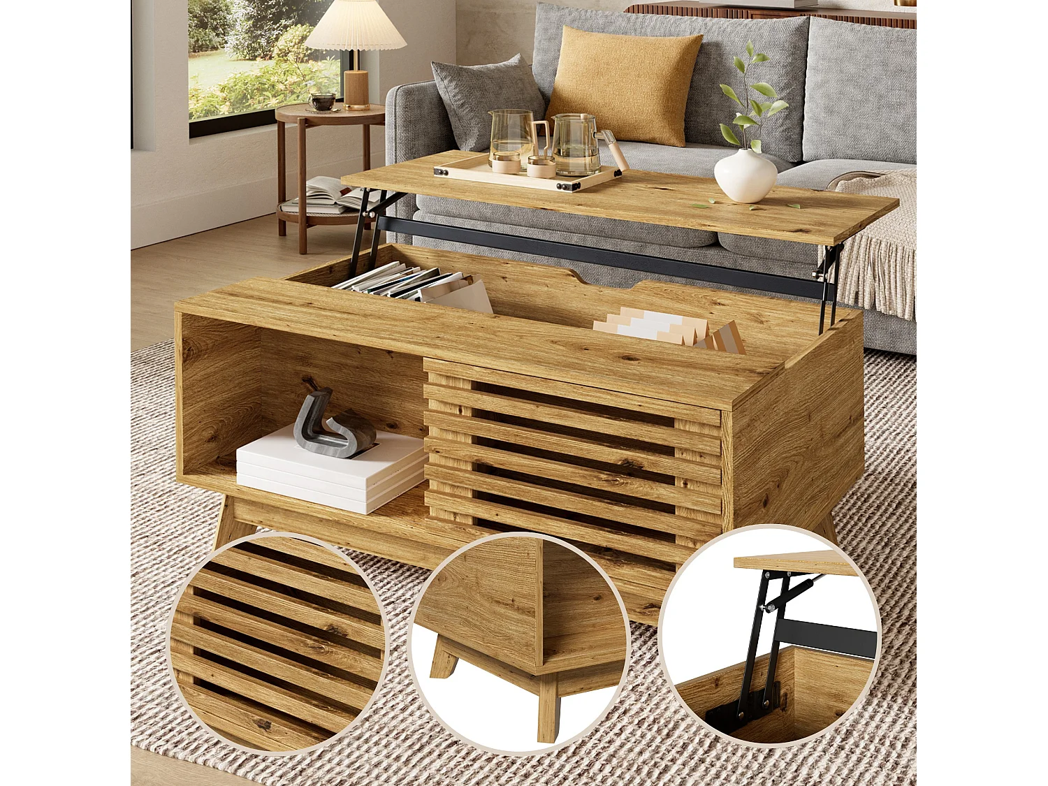Couchtisch mit Liftfunktion bis 57.5 cm, Stauraum und Lamellen Schiebetür