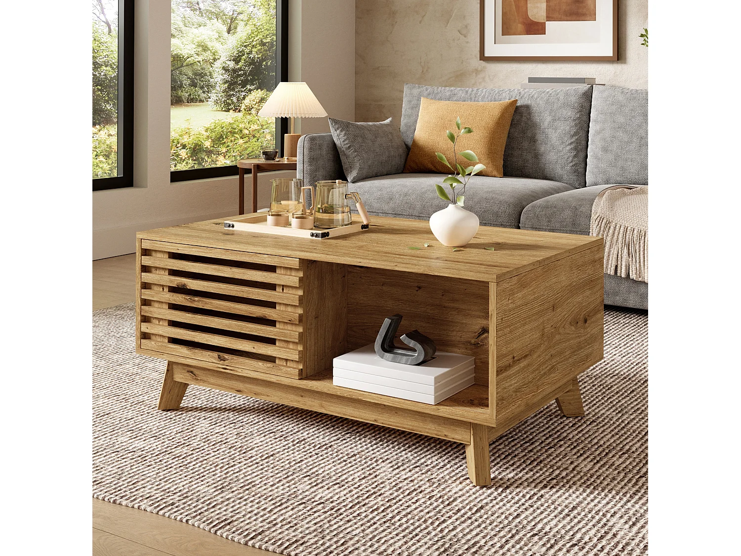 Couchtisch mit Liftfunktion bis 57.5 cm, Stauraum und Lamellen Schiebetür