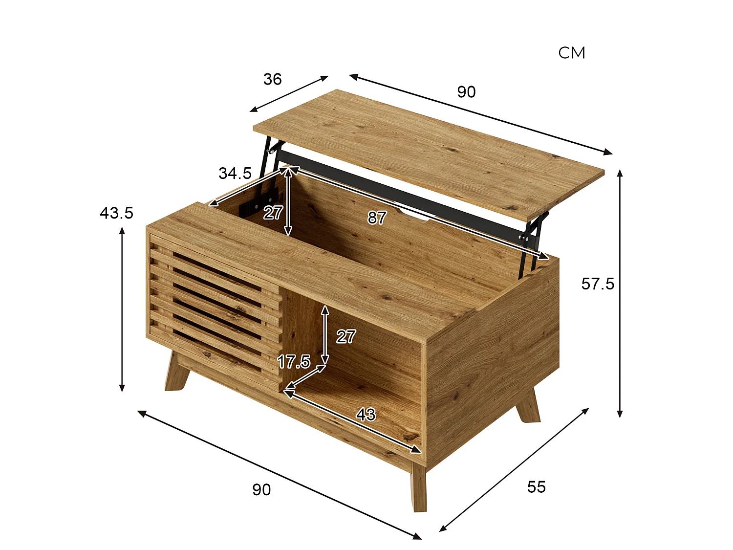Couchtisch mit Liftfunktion bis 57.5 cm, Stauraum und Lamellen Schiebetür