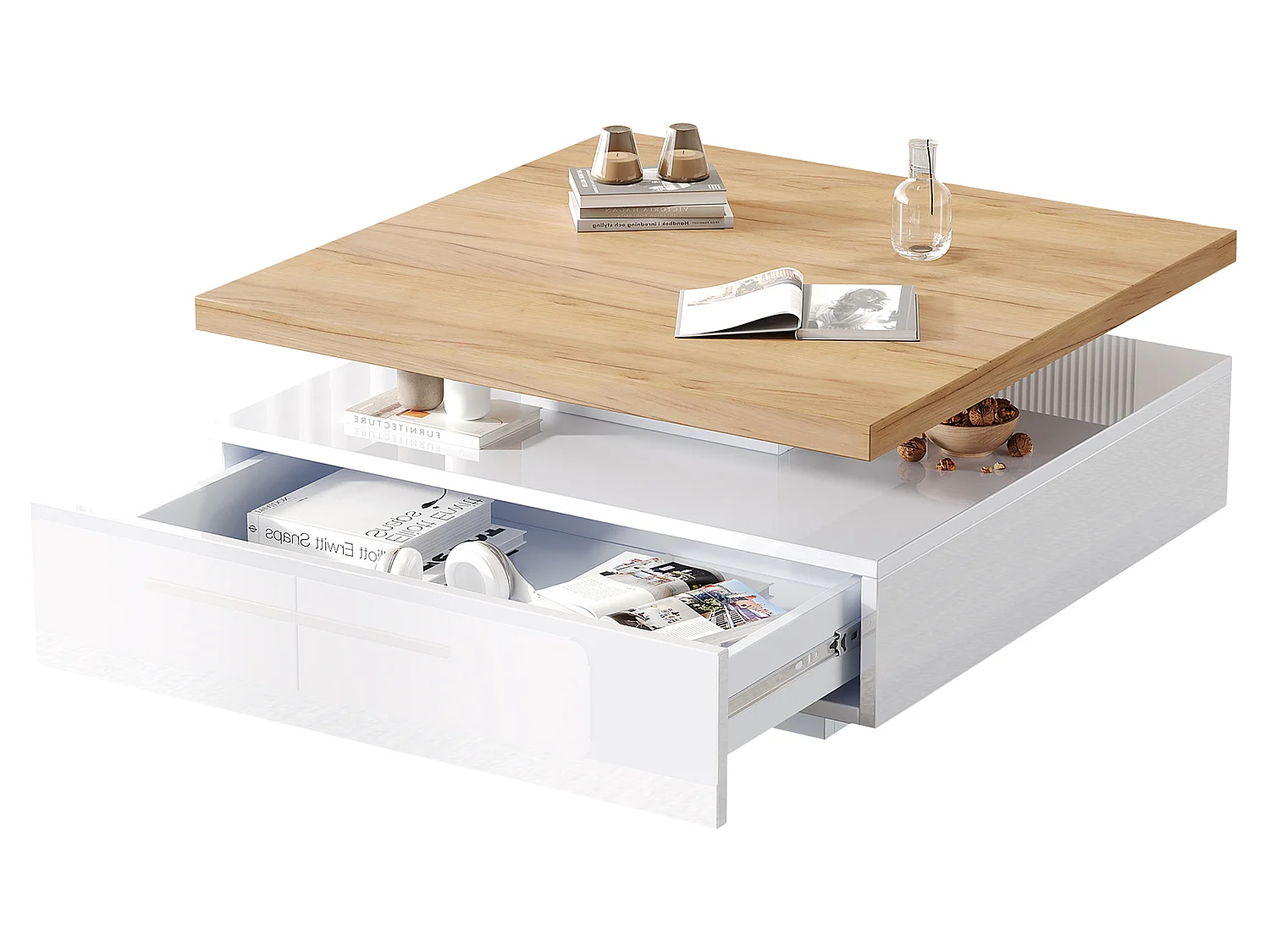 Vierkante salontafel met draaibaar blad en verborgen lade