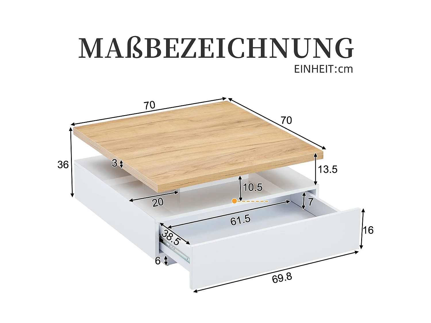 Vierkante salontafel met draaibaar blad en verborgen lade