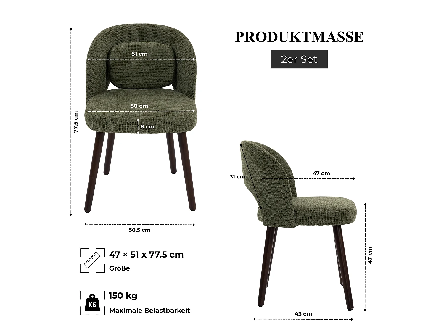 Lot de 2 chaises de salle à manger en tissu avec dossier enveloppant et pieds en bois