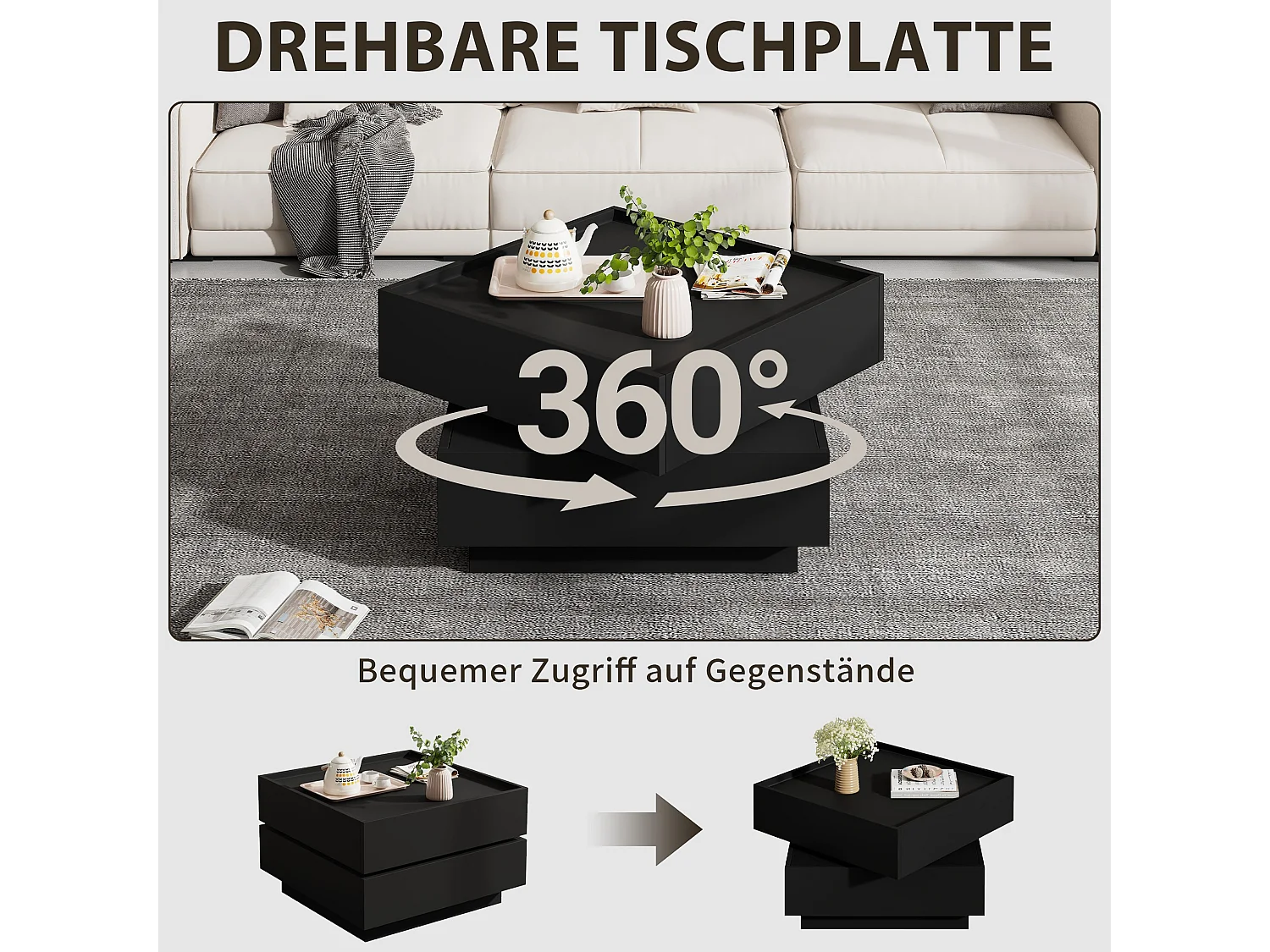 Drehbarer Couchtisch mit 360° Funktion und zwei Schubladen