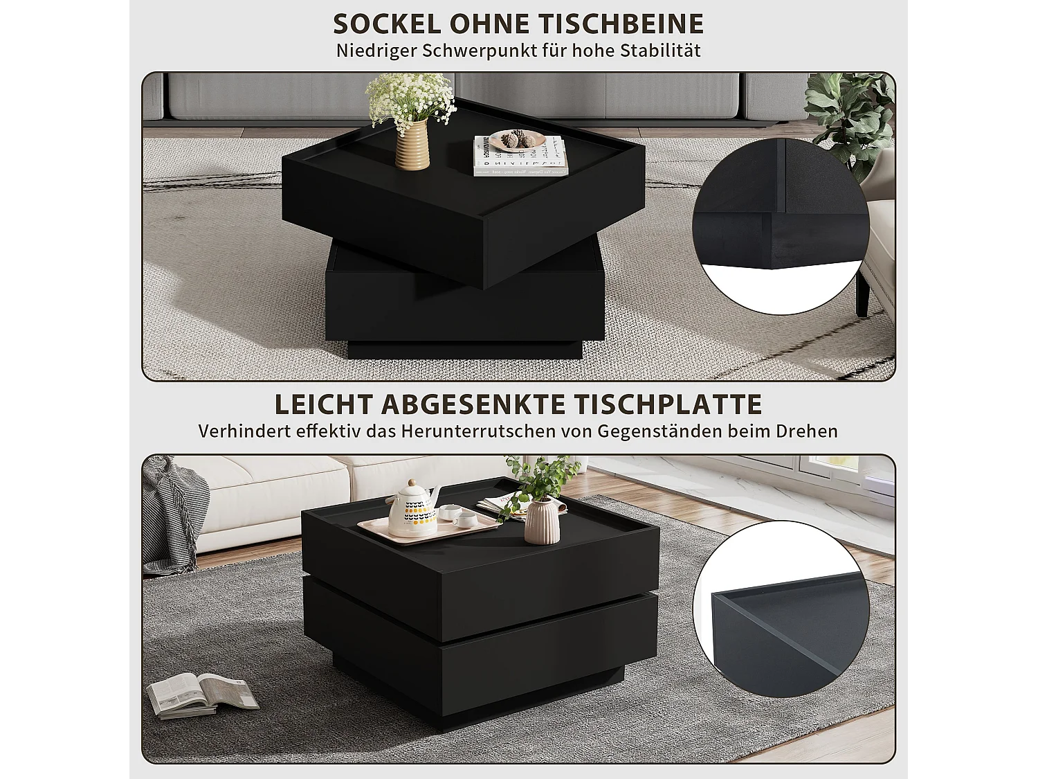 Drehbarer Couchtisch mit 360° Funktion und zwei Schubladen