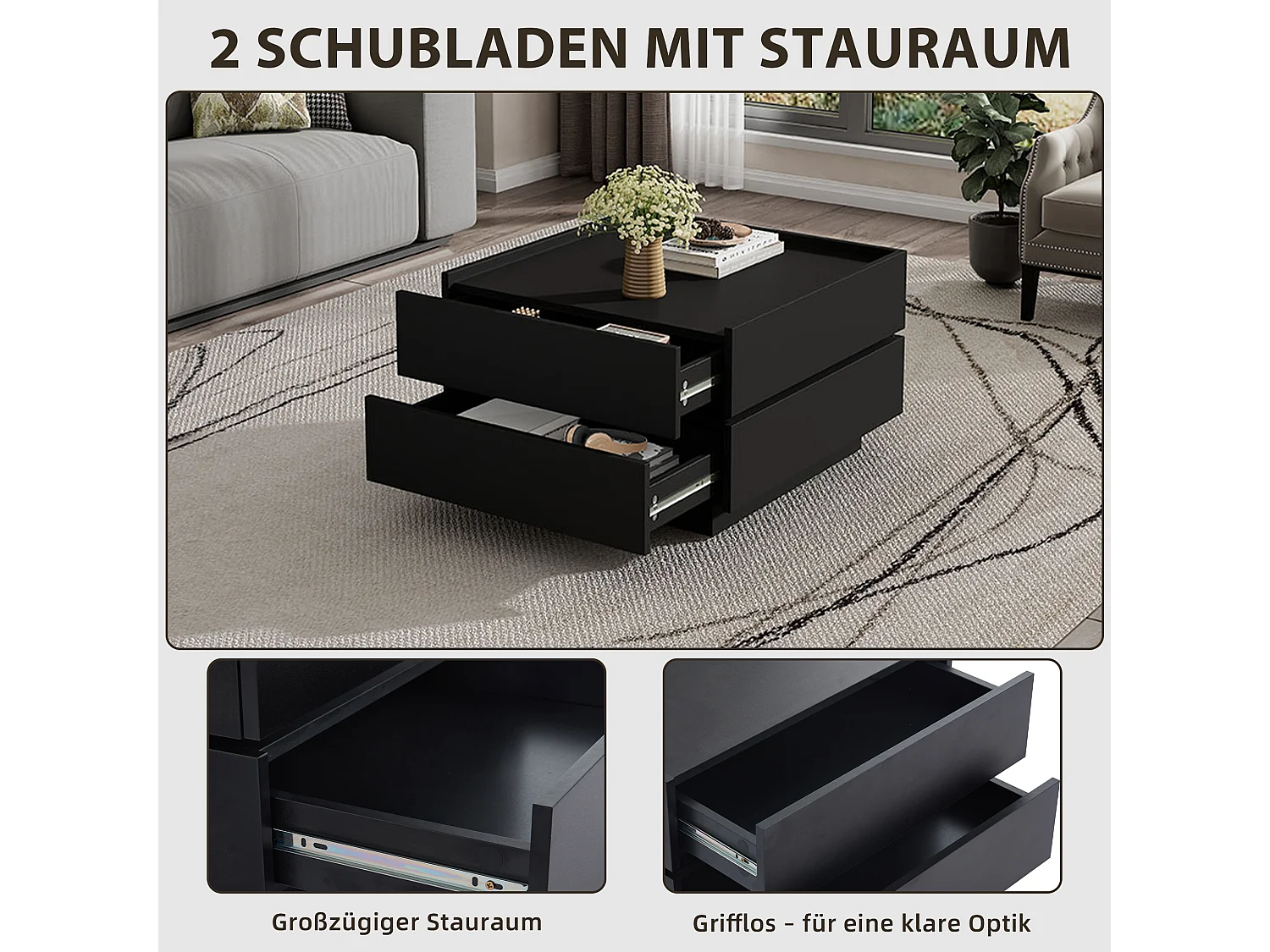 Drehbarer Couchtisch mit 360° Funktion und zwei Schubladen