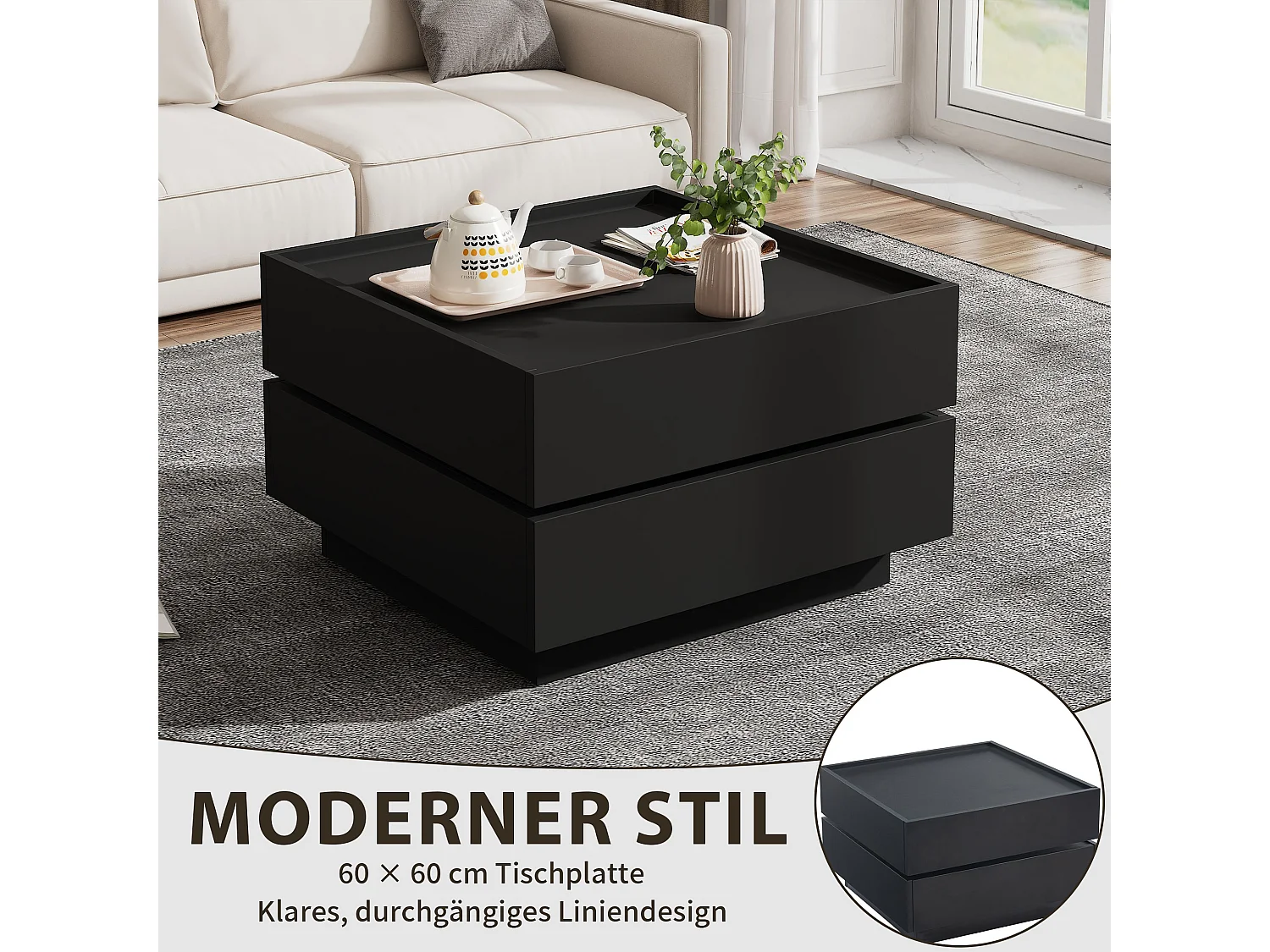 Drehbarer Couchtisch mit 360° Funktion und zwei Schubladen