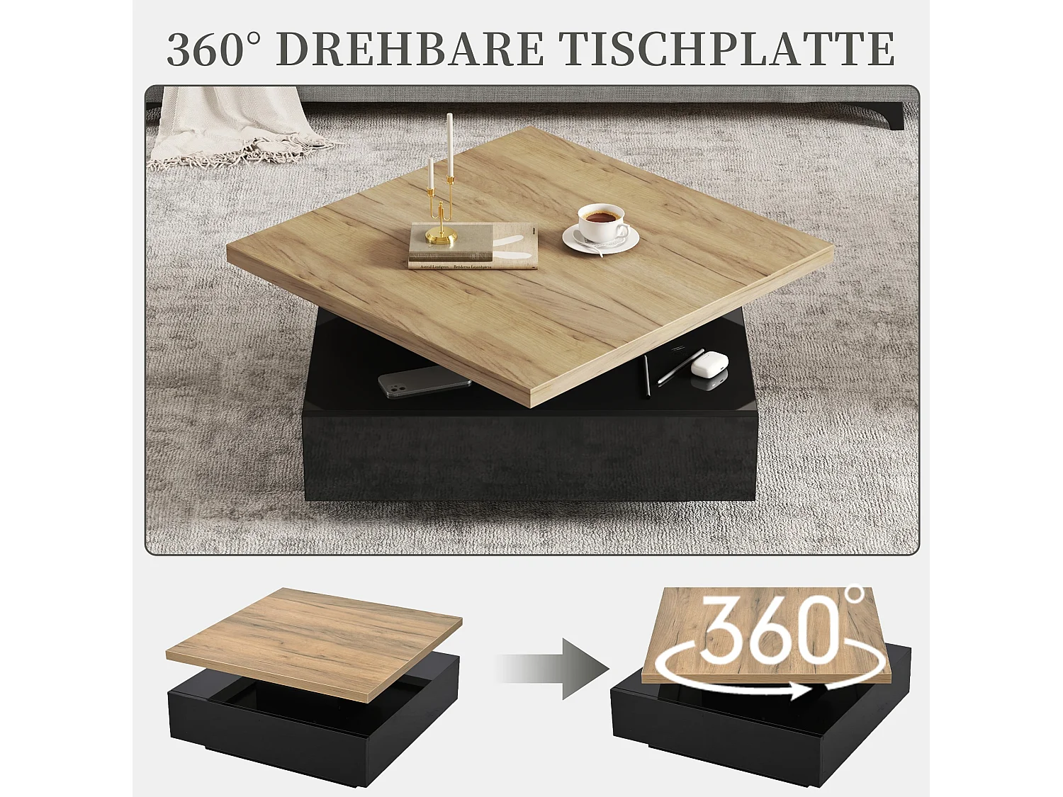 Table basse carrée avec plateau rotatif et tiroir caché