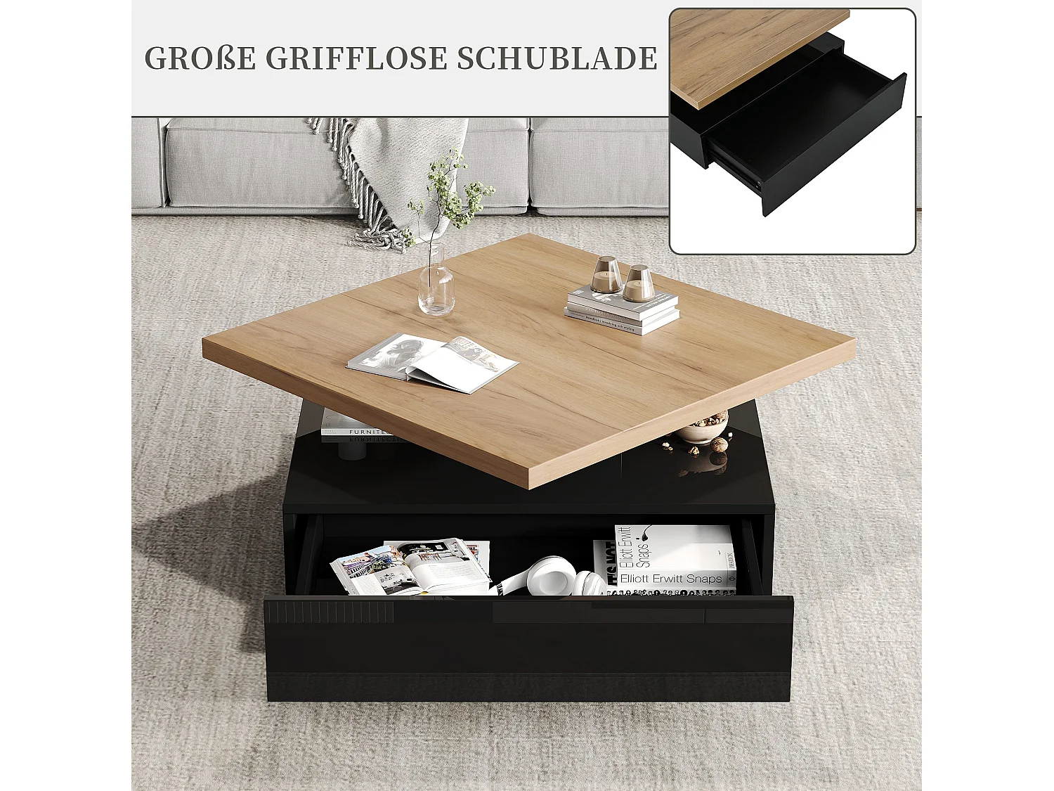 Table basse carrée avec plateau rotatif et tiroir caché