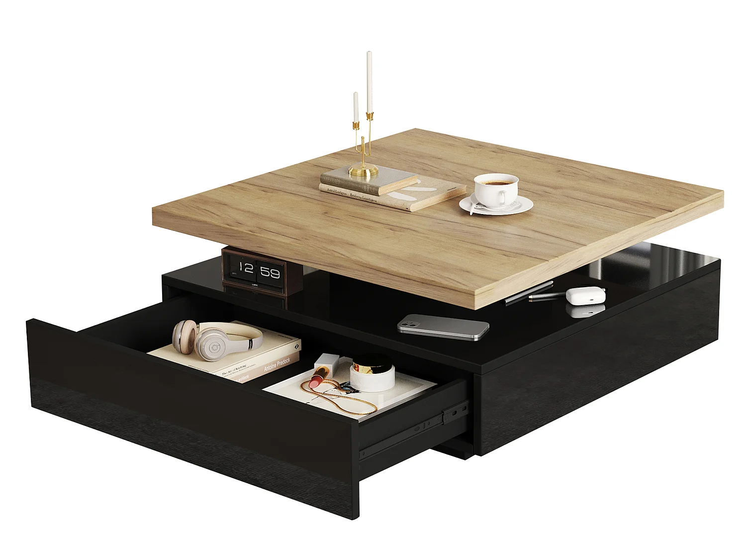 Table basse carrée avec plateau rotatif et tiroir caché