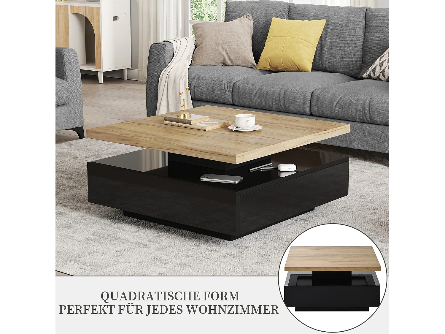 Table basse carrée avec plateau rotatif et tiroir caché