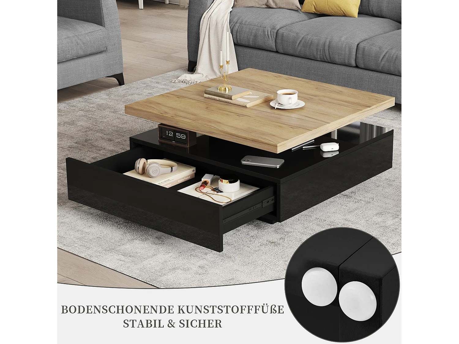 Table basse carrée avec plateau rotatif et tiroir caché