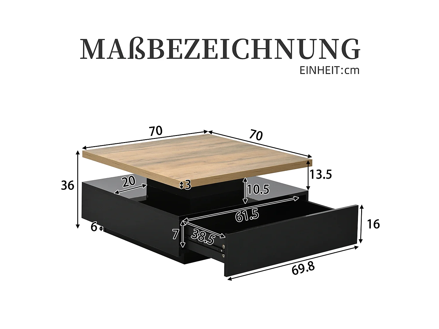 Table basse carrée avec plateau rotatif et tiroir caché