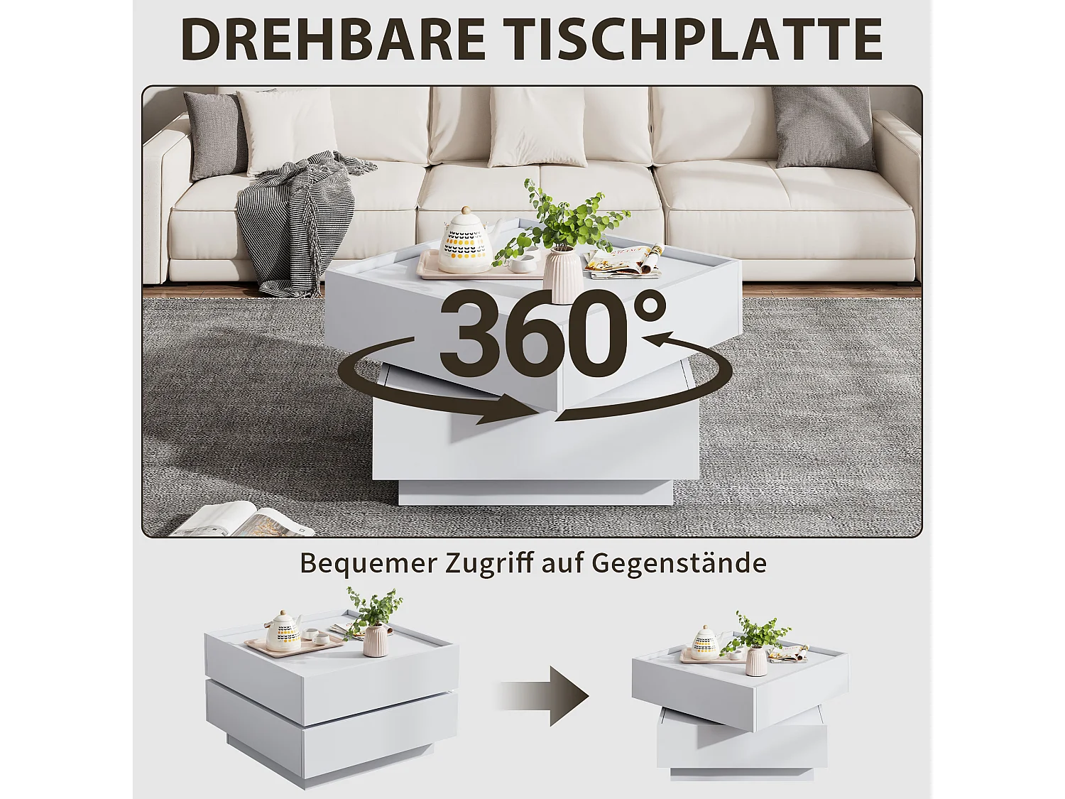 Drehbarer Couchtisch mit 360° Funktion und zwei Schubladen