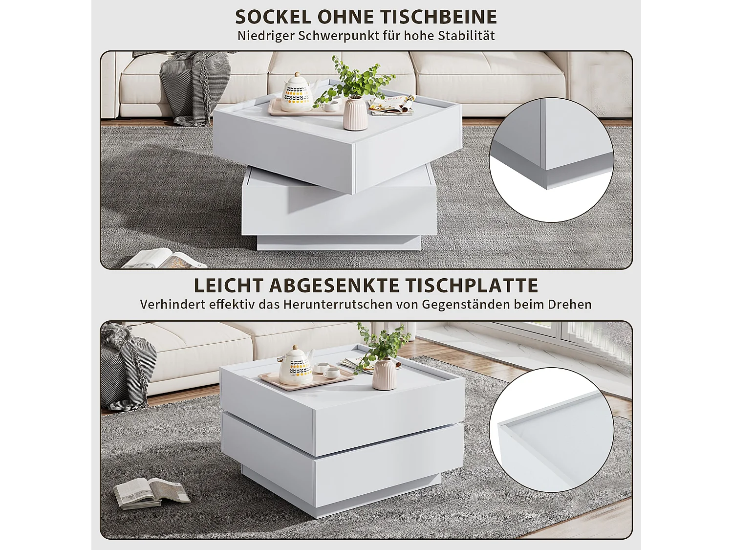Drehbarer Couchtisch mit 360° Funktion und zwei Schubladen