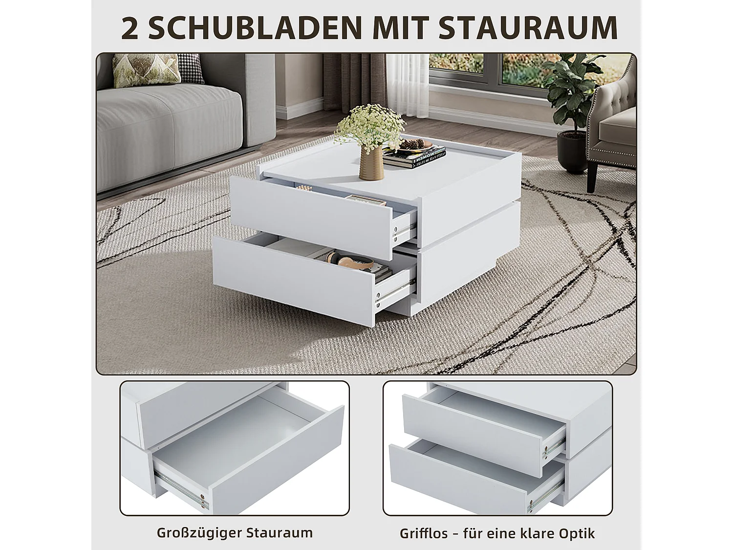 Drehbarer Couchtisch mit 360° Funktion und zwei Schubladen