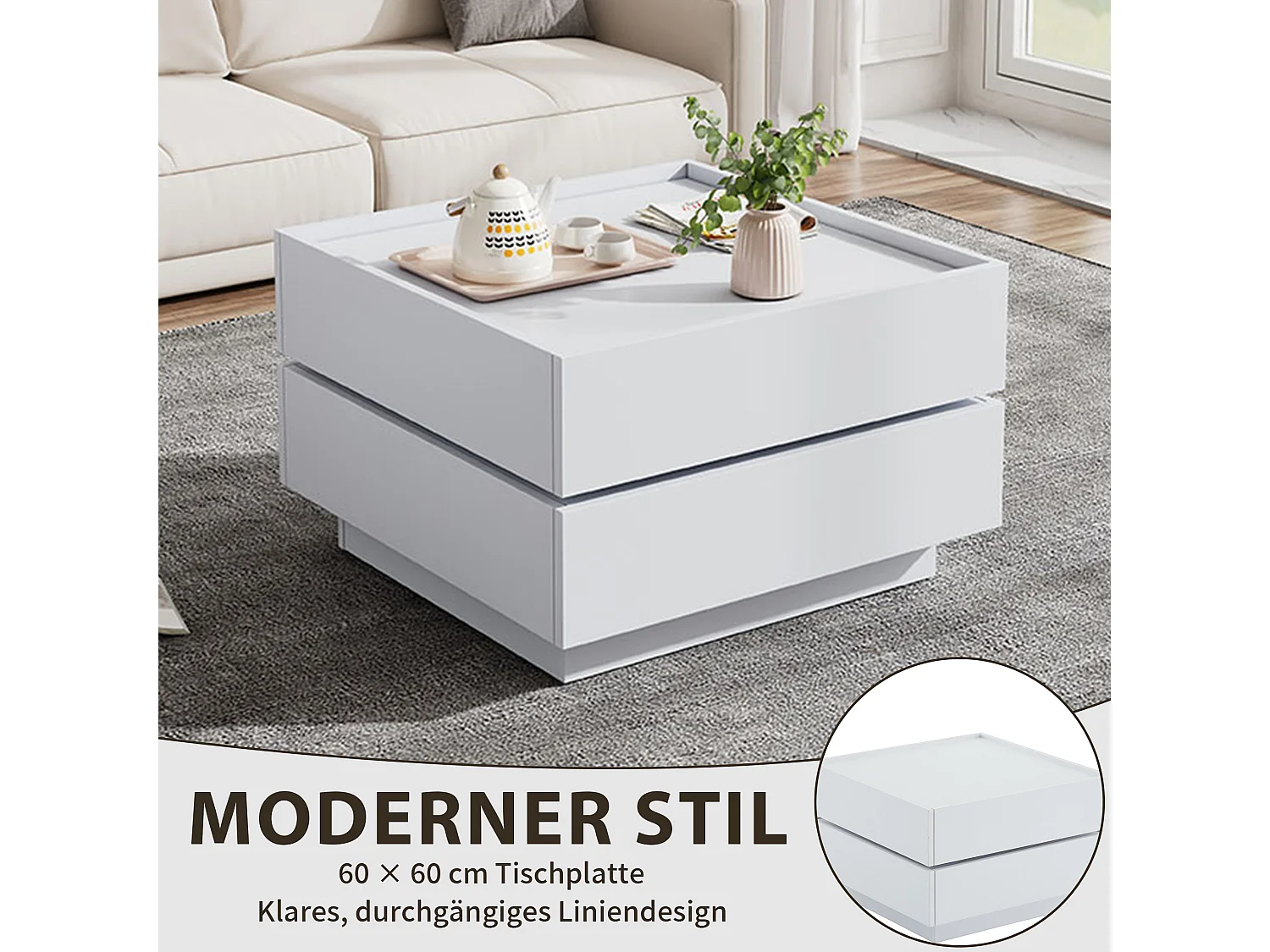 Drehbarer Couchtisch mit 360° Funktion und zwei Schubladen