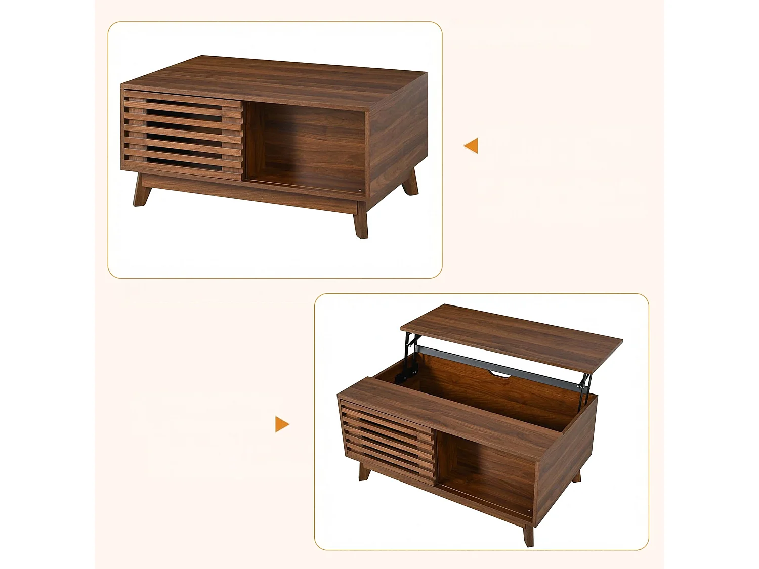 Couchtisch mit Liftfunktion bis 57.5 cm, Stauraum und Lamellen Schiebetür