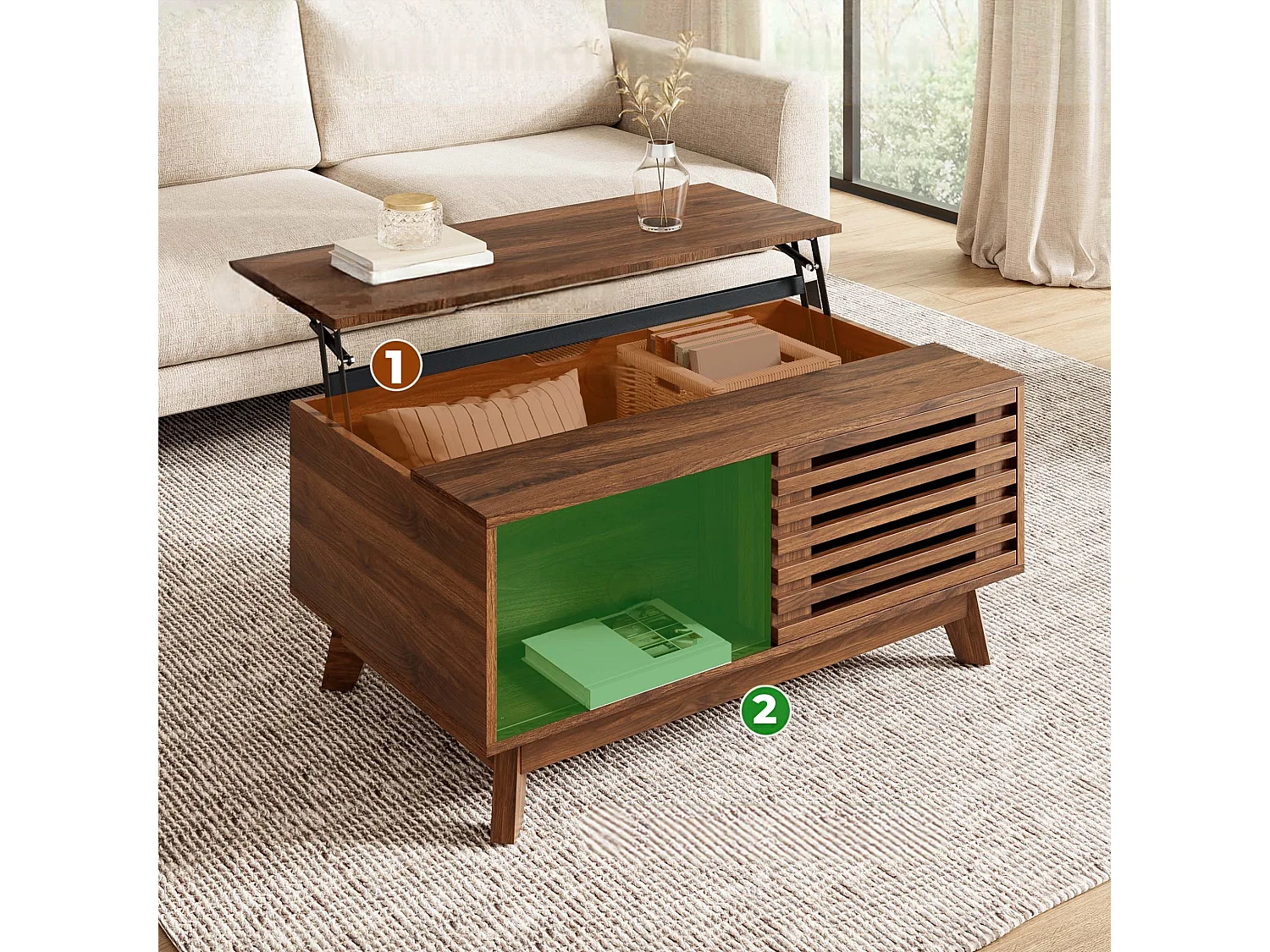 Couchtisch mit Liftfunktion bis 57.5 cm, Stauraum und Lamellen Schiebetür