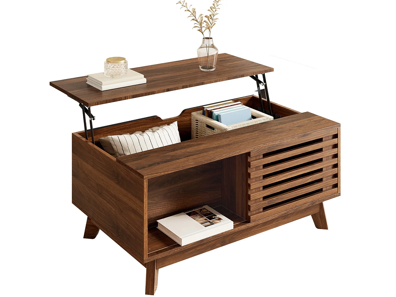 Couchtisch mit Liftfunktion bis 57.5 cm, Stauraum und Lamellen Schiebetür