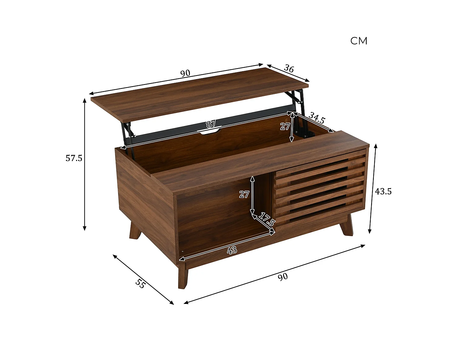 Couchtisch mit Liftfunktion bis 57.5 cm, Stauraum und Lamellen Schiebetür
