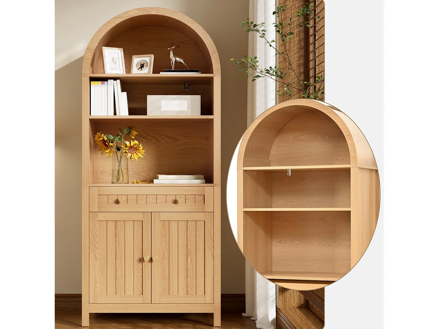 Buffet 180 cm avec rangements de porte, 3 niches ouvertes et tiroir avec kit anti basculement