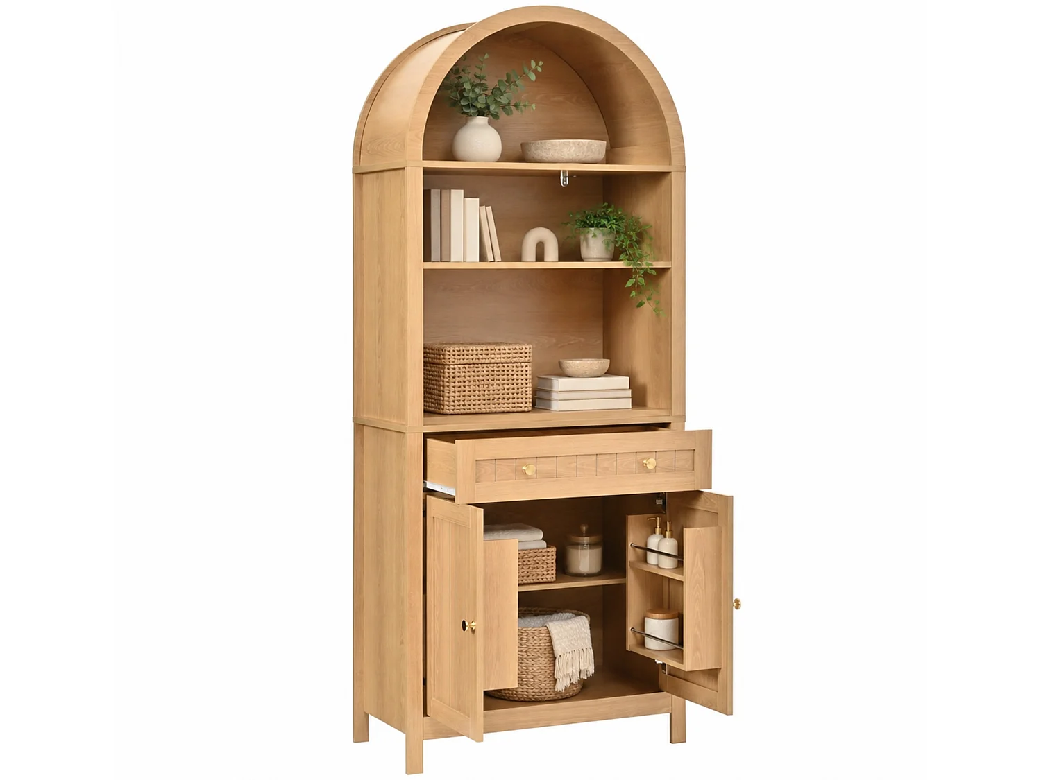Buffet 180 cm avec rangements de porte, 3 niches ouvertes et tiroir avec kit anti basculement