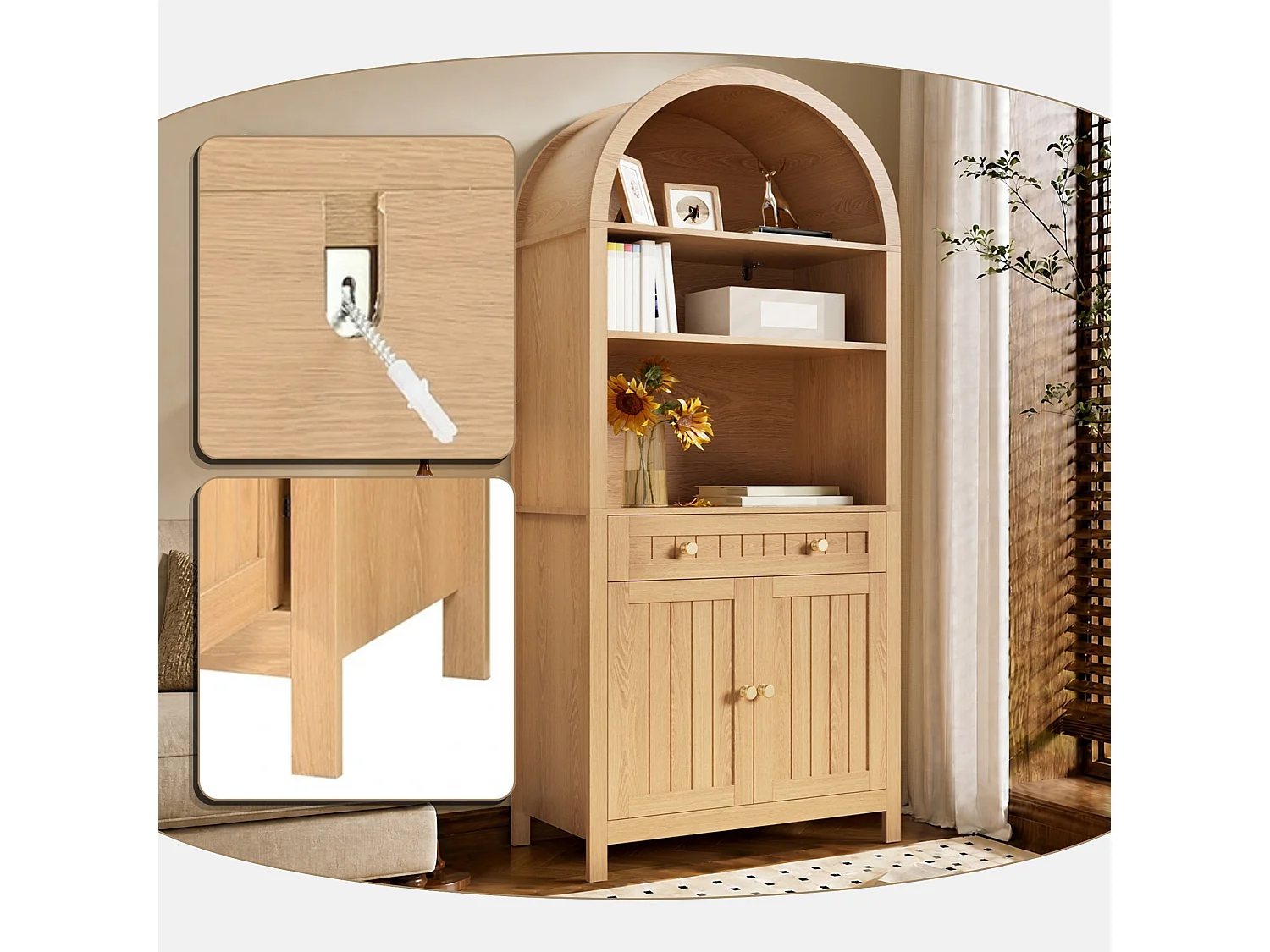 Buffet 180 cm avec rangements de porte, 3 niches ouvertes et tiroir avec kit anti basculement