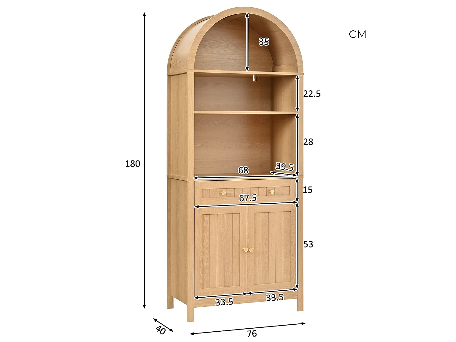 Buffet 180 cm avec rangements de porte, 3 niches ouvertes et tiroir avec kit anti basculement