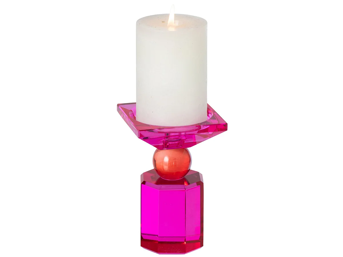 Bougeoir Design en Verre "Taillé" 13cm Rouge & Fuchsia