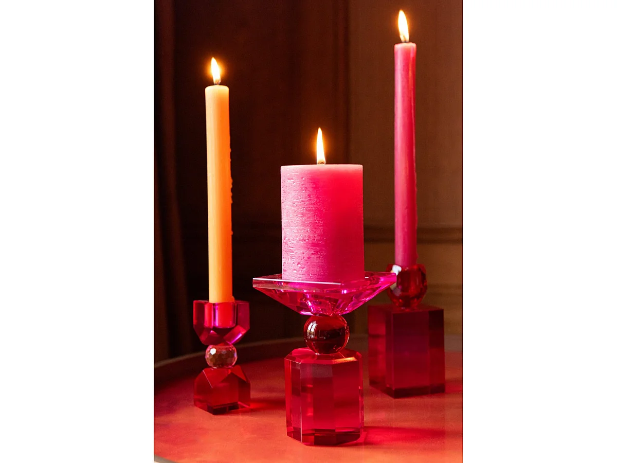 Bougeoir Design en Verre "Taillé" 13cm Rouge & Fuchsia