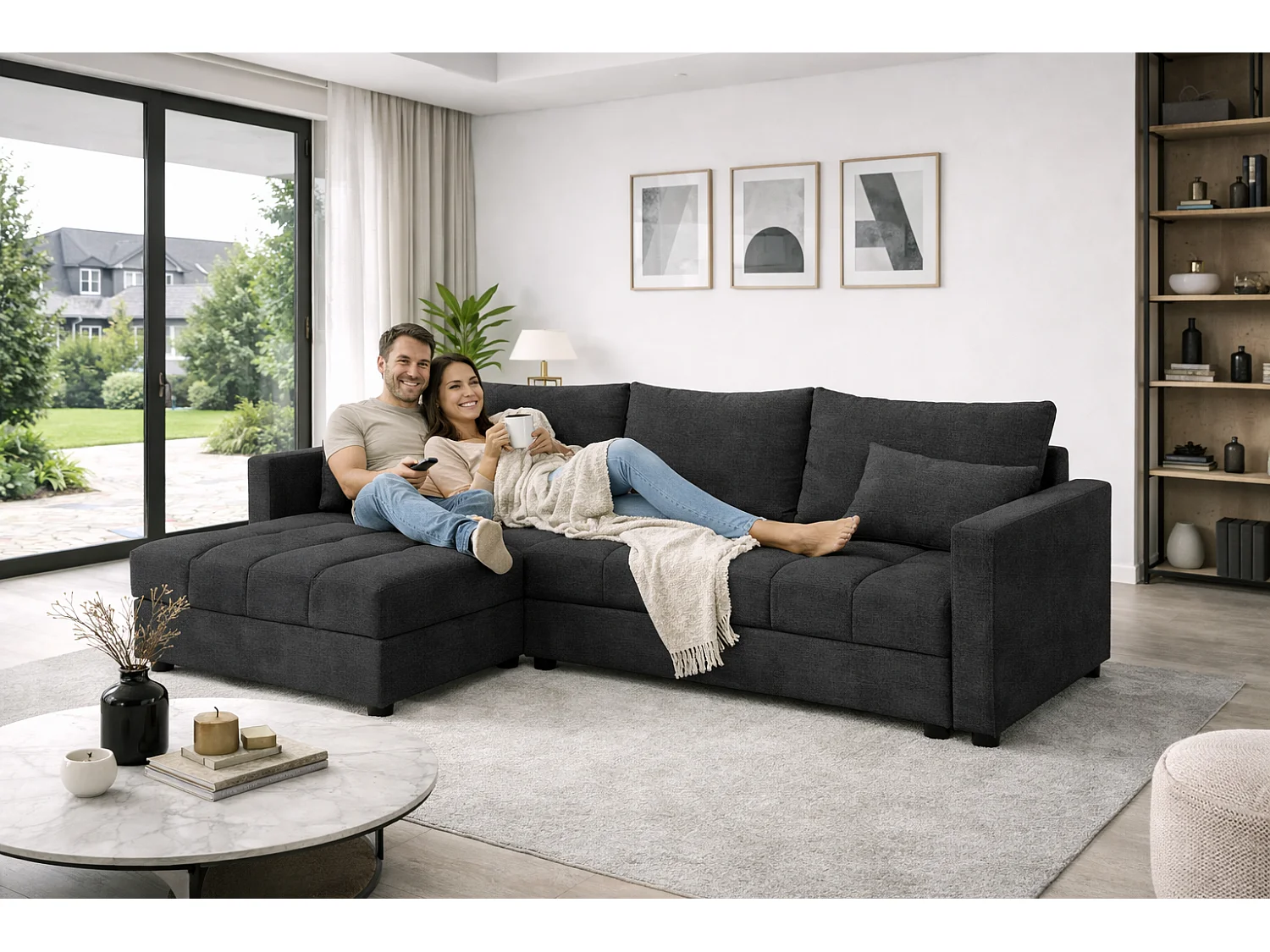 ECKSOFA AURELIA– in L-Form mit Schlaffunktion Bettkasten & Kissen Stoff KRONOS 226 cm Anthrazit