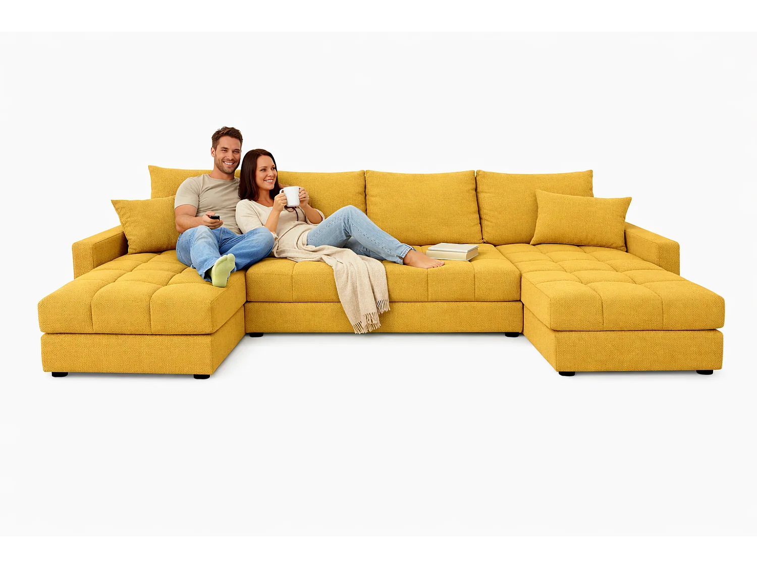 Wohnlandschaft AURELIA – Ecksofa in U-Form mit Schlaffunktion, Bettkasten & Kissen Stoff KRONOS 287 cm Gelb