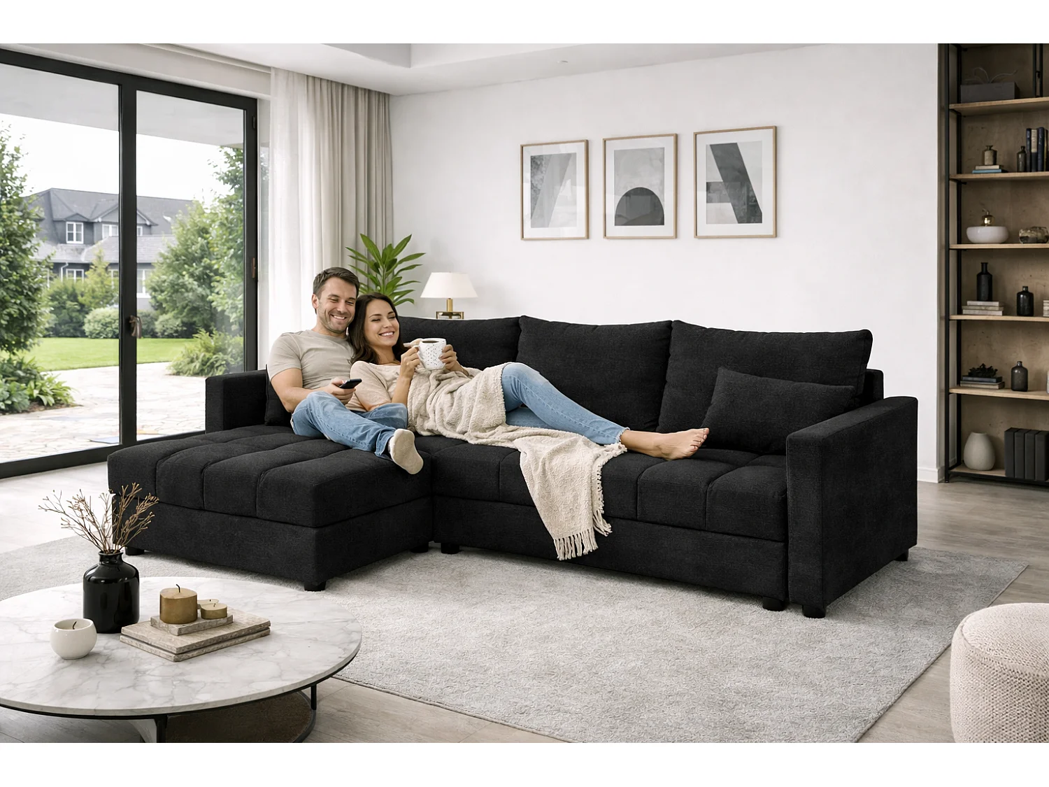 ECKSOFA AURELIA– in L-Form mit Schlaffunktion Bettkasten & Kissen Stoff KRONOS 226 cm Schwarz