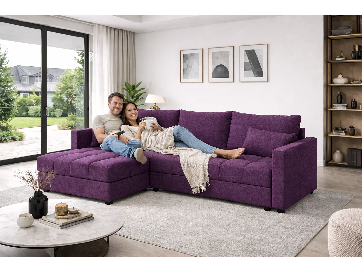 ECKSOFA AURELIA– in L-Form mit Schlaffunktion Bettkasten & Kissen Stoff KRONOS 226 cm Violett